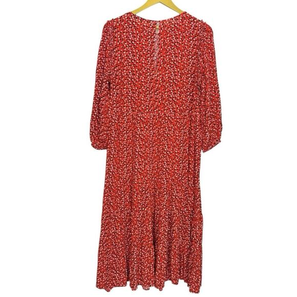 Zara Floral Tiered Midi Maxi Dress Size M Red Long Sleeve Cottage Peasant Boho - Picture 2 of 12